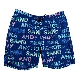 Brooks Brothers Mens Navy Nautical Word Print Swim Trunks Size L Ahoy Anchor Sea